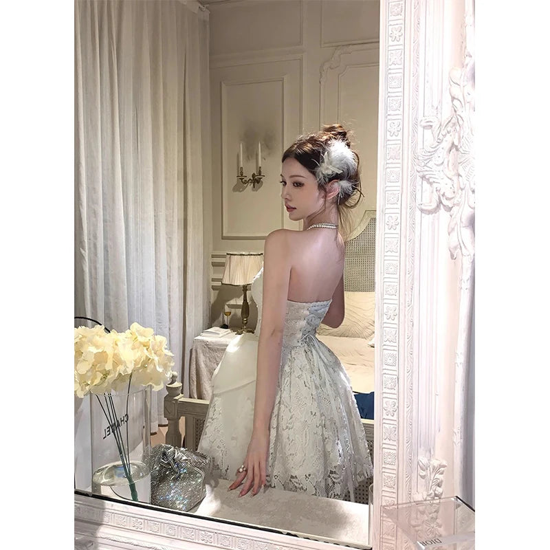 Hnewly Elegant Bow Mini Dress Women Fairy Party Prom Lace Strapless Dresses Summer Korean Sexy Backless Bodycon A Line Vestidos