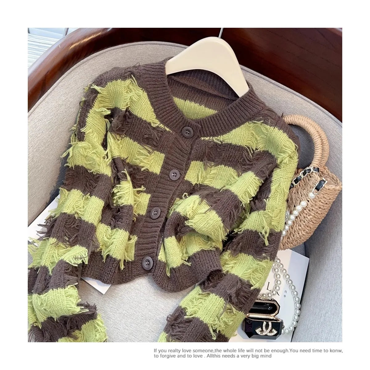 Hnewly Striped Fashion Tassel Sweater Women's Autumn Single Breasted  O-Neck New Short Knitted Cardigan Long Sleeve Top
