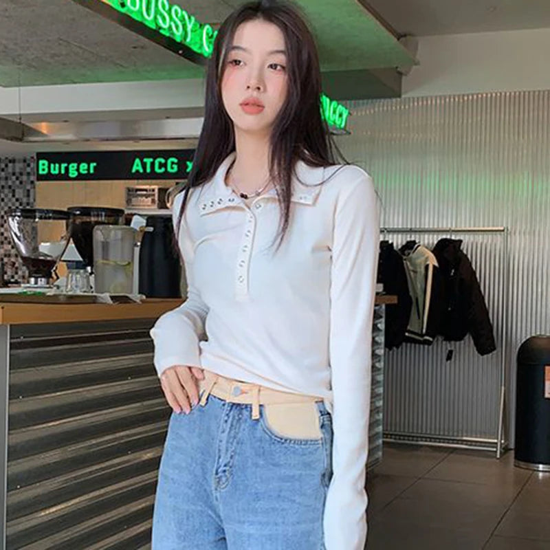 Hnewly Fall Winter Long Sleeve Knit Pullovers Woman Y2K High Street Button Up Sweaters for Women Vintage Gray Ribbed Bottoming Tops
