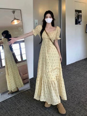 Hnewly  Women Dresses Floral Printed Puff Short Sleeve Bandage Summer Fashion Ruffles Square Collar Sweet Elegant Dress Female