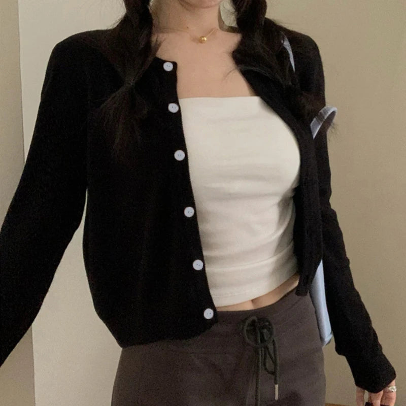 Hnewly Red Cardigan Knit Early Autumn Women Clothes New Outdoor Crop Sweater Outerwear Long Sleeve Top Bottoming Shirt