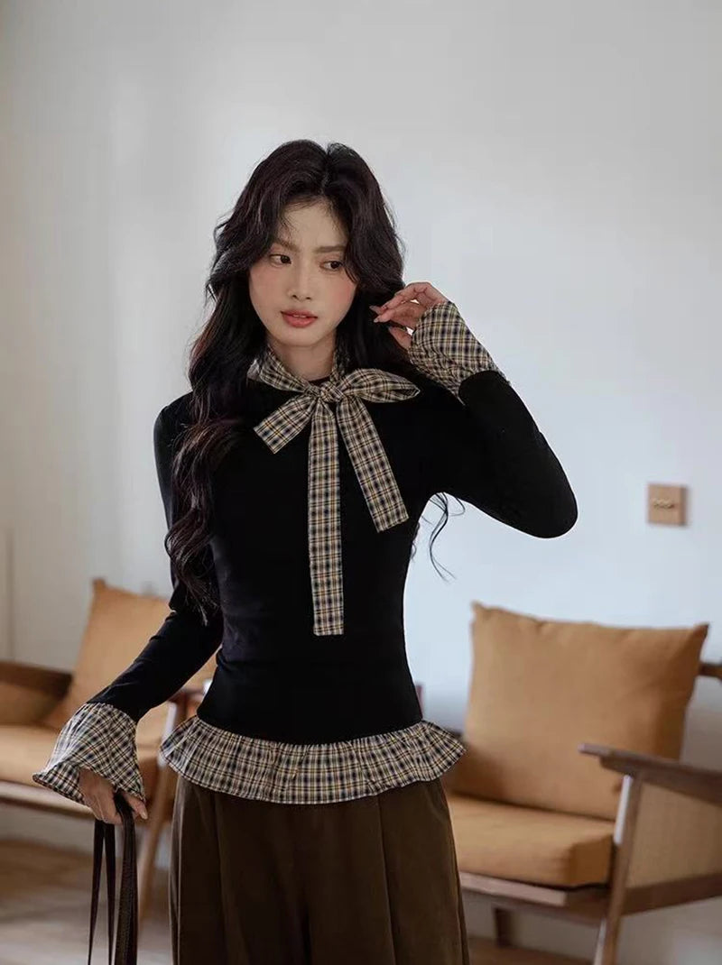 Hnewly Korean Chic Patchwork Women Black Pullover Autumn New Plaid Stitching Fake 2 Pieces Top Sweet Bow Tie Long Sleeve T Shirts Mujer