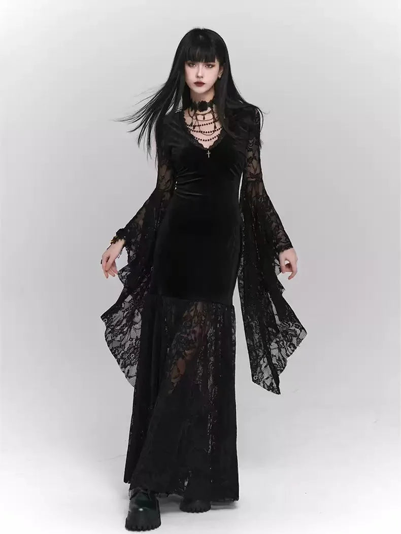 Hnewly Halloween Gothic Women Dress Long Sleeve High Waist Lace Dresses Y2K Vintage Punk Sexy Goth Aesthetic Slim Party Club Robe