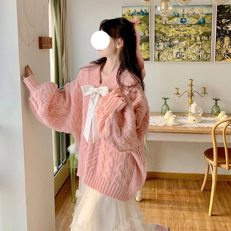 Hnewly Pink Kawaii Oversize Knitwear Sweaters Women Sweet Cute Big Bow Pullovers Autumn Winter Keep Warm Lantern Sleeve V-Neck Sweater