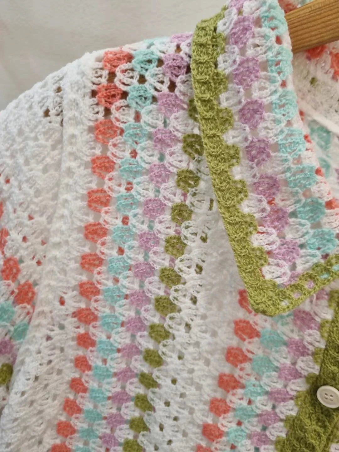 Hnewly  Rainbow Striped Crochet Shirt Collored Button-down Short Sleeve Openwork Knit Shirts Blouses Women Summer Boho Beach Outfit