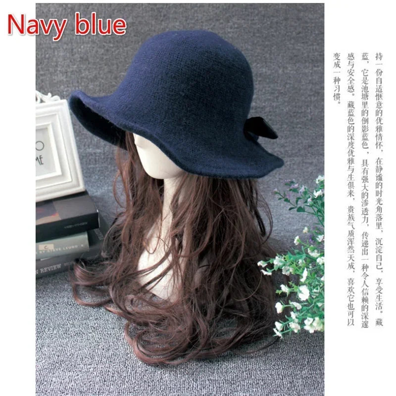 Hnewly Vintage Wool Bucket Hats Women Fashion Bows Basin Fisherman Hat Winter Black Coffee Dark Camel Hat Ladies Head Accessories