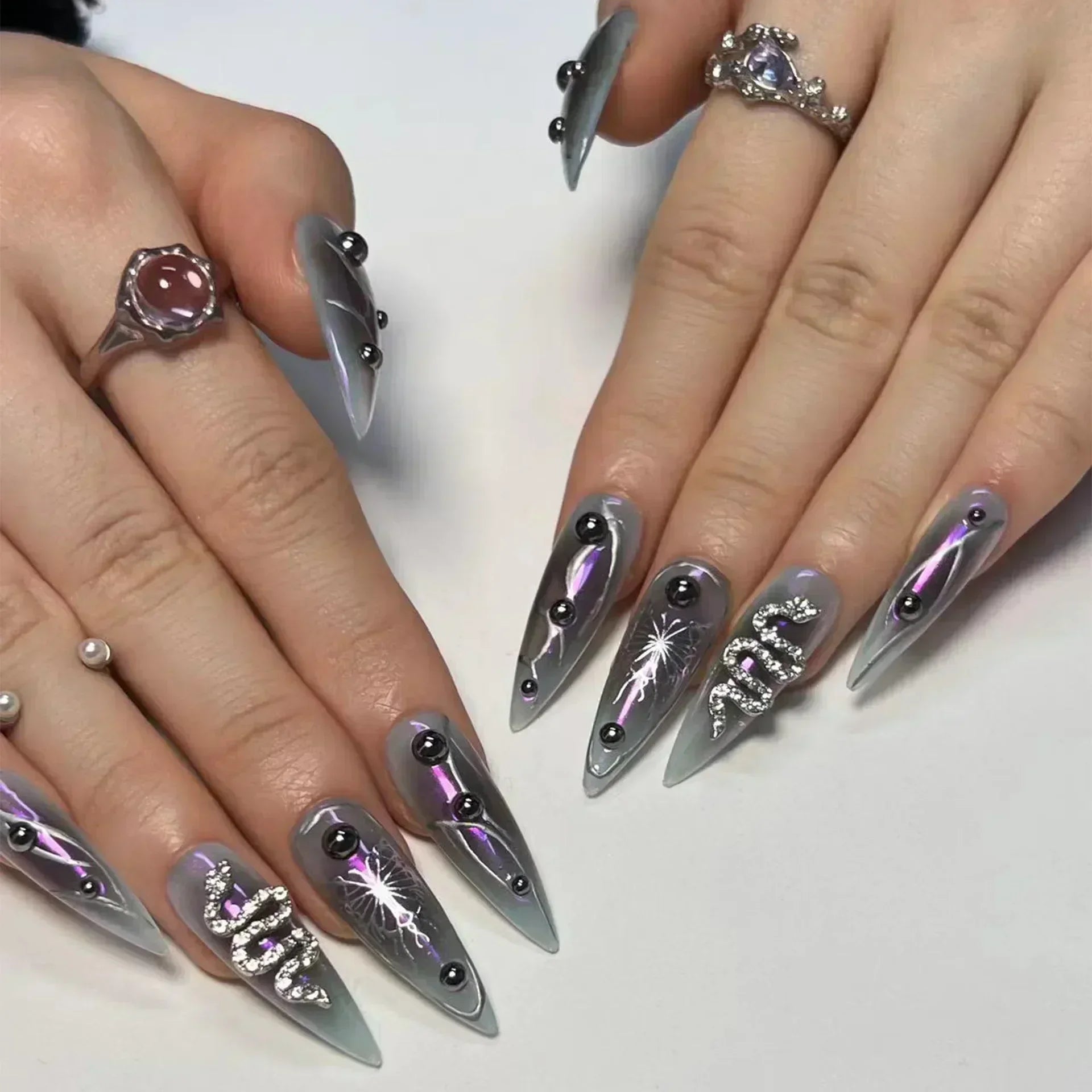 Hnewly 24Pcs French Almond False Nails Glitter with Rhinestones Wearable Fake Nails Artificial Simple Full Cover Press on Nails Tips