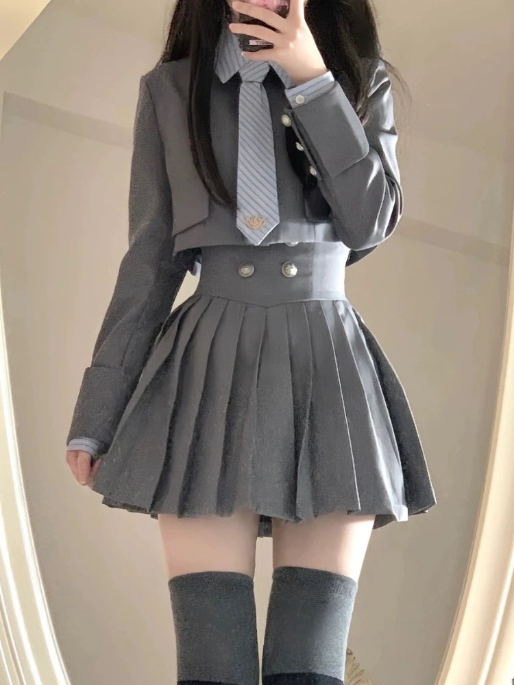Hnewly DRESS TO IMPRESS Preppy Style Vintage 3 Piece Set Women Korean Patchwork Kawaii Skirt Suit New Fashion Short Coat + Pleated Skirt + Striped Shirt