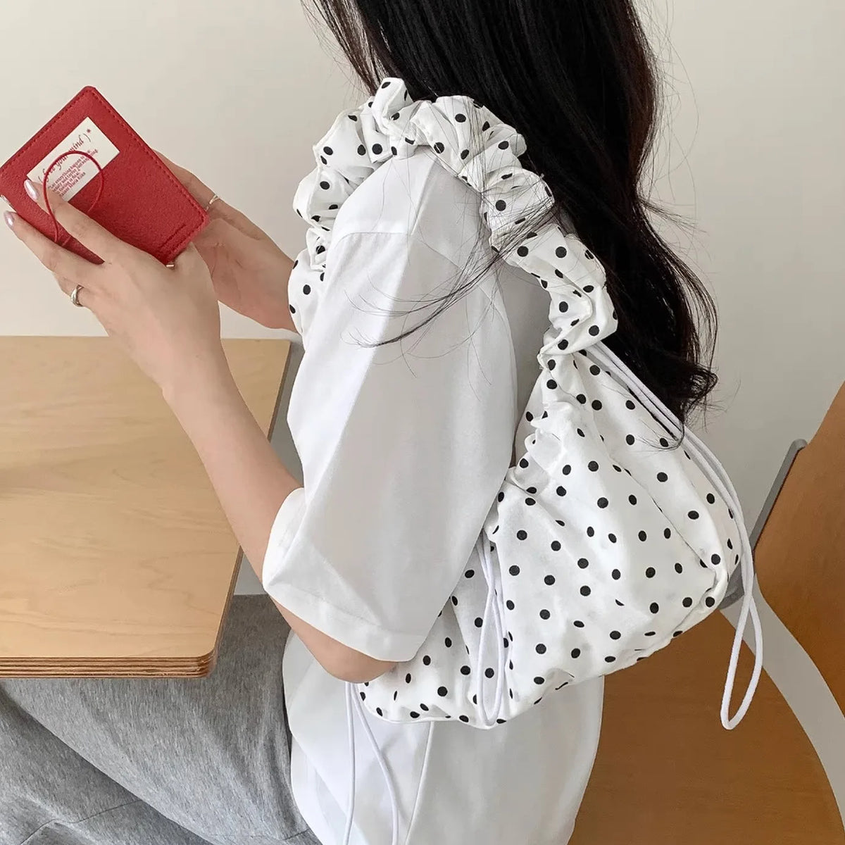 Hnewly  Women Polka Dot Underarm Bag Large Capacity Crossbody Bag Retro Drawstring Pleated Dumpling Bag for Outdoor Travel Clutch Purse