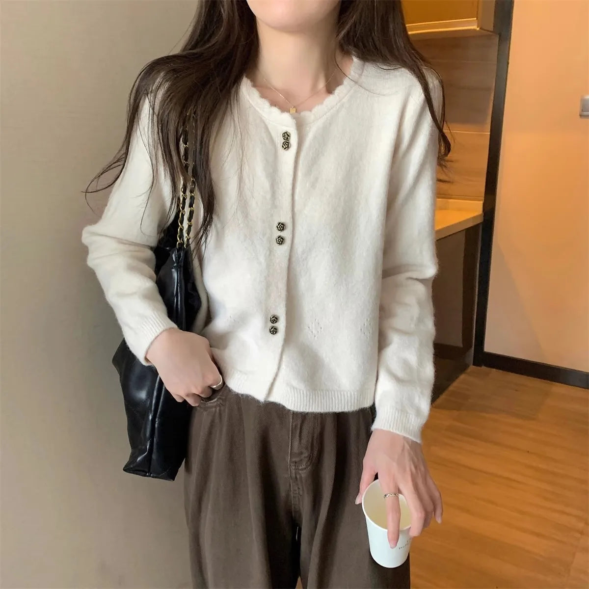 Hnewly  Sweet Short Hollowed Out Sweater Chic Buttons Long Sleeved Knitted  Cardigan Jacket Korean series Round Neck Loose Top