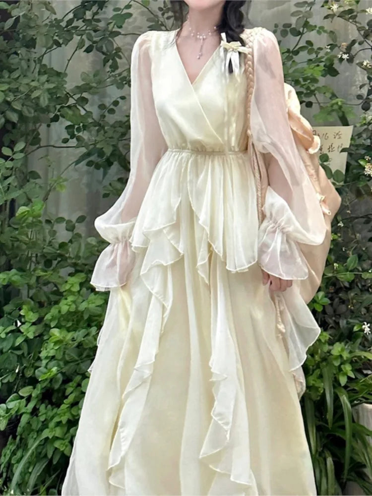 Hnewly French Fairycon Ruffles Dresses For Women's 2025 New Summer Fashion V-Neck White Long Puff Sleeve Dress Holiday Beach Vestiods