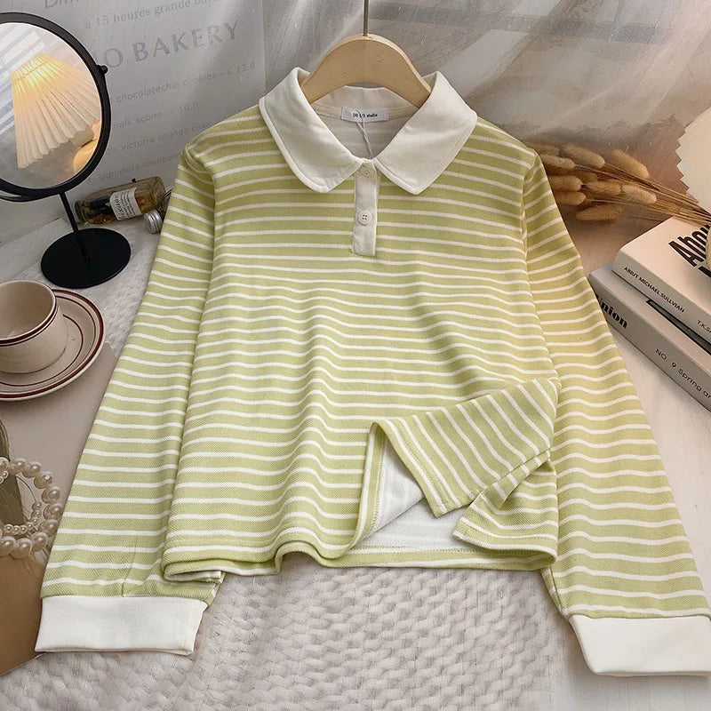 Hnewly  Classic Black White Striped Sweatshirts Casual Loose Turn-down Collar  Women's Spring 2025 New Korean Long Sleeve T-shirt Top