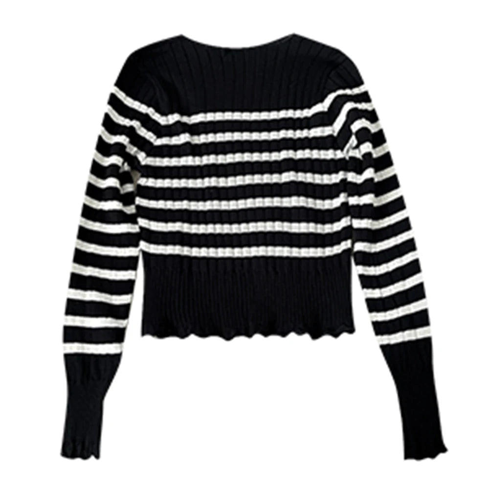Hnewly  Striped Lace Trim Knitted Sweater 2025 Women's Spring Autumn New Long Sleeve T-Shirt Slim Fit Pullover Base Layer Tops