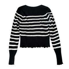 Hnewly  Striped Lace Trim Knitted Sweater 2025 Women's Spring Autumn New Long Sleeve T-Shirt Slim Fit Pullover Base Layer Tops