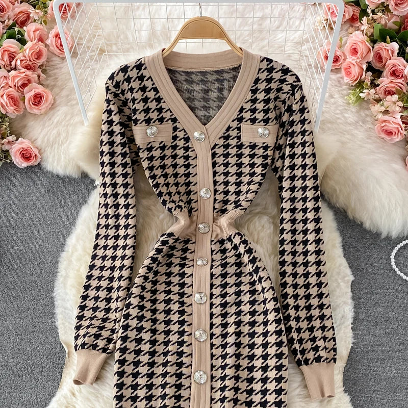 Hnewly  V-neck Sweater Dress Autumn New Versatile Slim Knitted Dresses Elegant Single Breasted High Waisted A-line Gown
