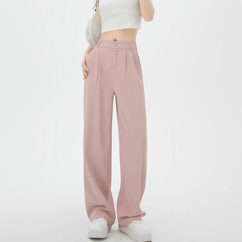 Hnewly  Spring Autumn High Waist Straight Suit Pants Women Korean Style Loose Wide Leg Trousers Woman Pocket Solid Pants Office Ladies