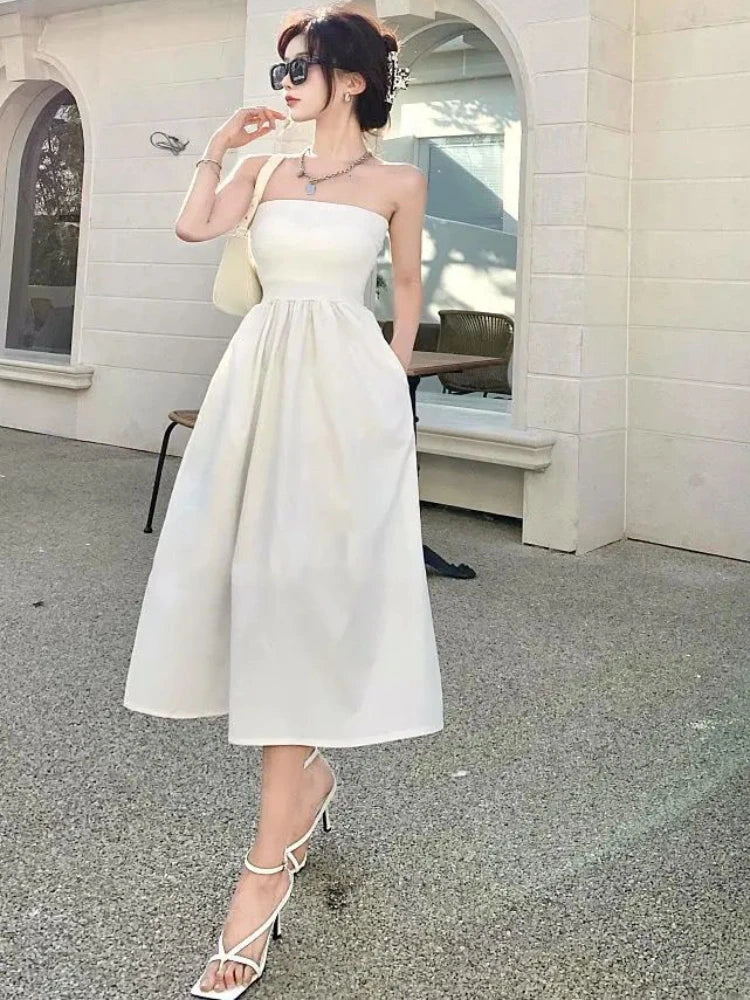 Hnewly Dresses Women Design Simple Elegant Strapless Charming Streetwear Classic Solid Prevalent Vacation Ladies A-line European Style