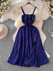 Hnewly  Beach vacation dress for women sexy summer backless waist cinched slimming A-line large swing long suspender dress