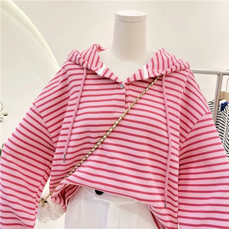 Hnewly  New Striped Hoodie Sweatshirt Women's Spring Autumn 2025 Fashion Preppy Style Retro Long Sleeve Top Loose Pullover Jacket