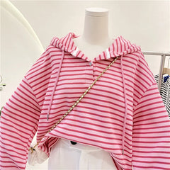 Hnewly  New Striped Hoodie Sweatshirt Women's Spring Autumn 2025 Fashion Preppy Style Retro Long Sleeve Top Loose Pullover Jacket
