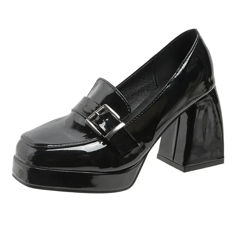 Hnewly Heels Lolita Shoes Chunky Platform Shoes Loafers Heel Patent Leather Slip On Casual Shoes Women Lady Office Shoes Black Heels