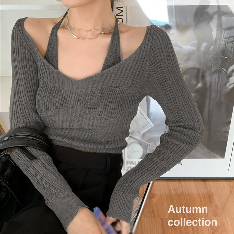 Hnewly Womens Korean version Long Sleeve Sweater Off Shoulder Sexy Knitted Pullover Jumper Sweaters Knit Sweater Casual Loose Blouse