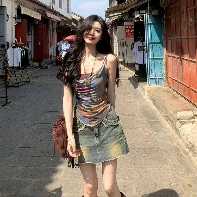 Hnewly 2000s Vintage Y2k Crop Top Women Casual Print Camisole Shirts Sexy Bodycon Slim Fit Outwear Fashion Chic Tank Top Vest Beach