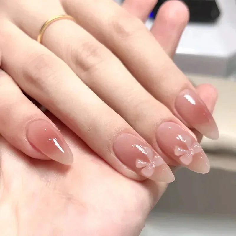 Hnewly 24Pcs Cat Eye Press on Nails with Almond Head Bow Diamond Stick on False Nail Sweet Pink French Full Cover Artificial Nails Tips