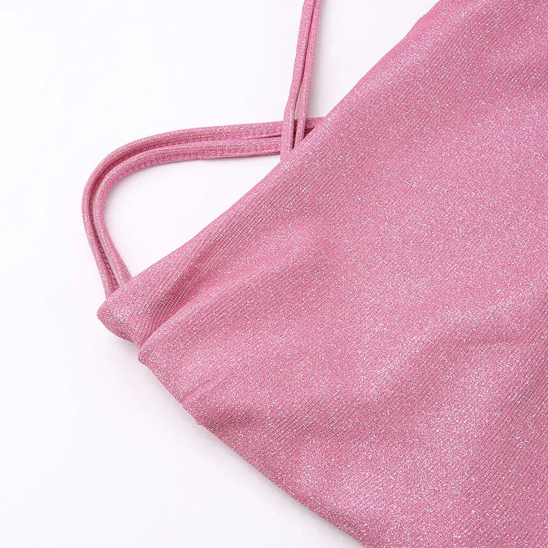 Hnewly Sparkling Pink Backless Strappy Dress European And American Fashion Sexy Women's Clothing