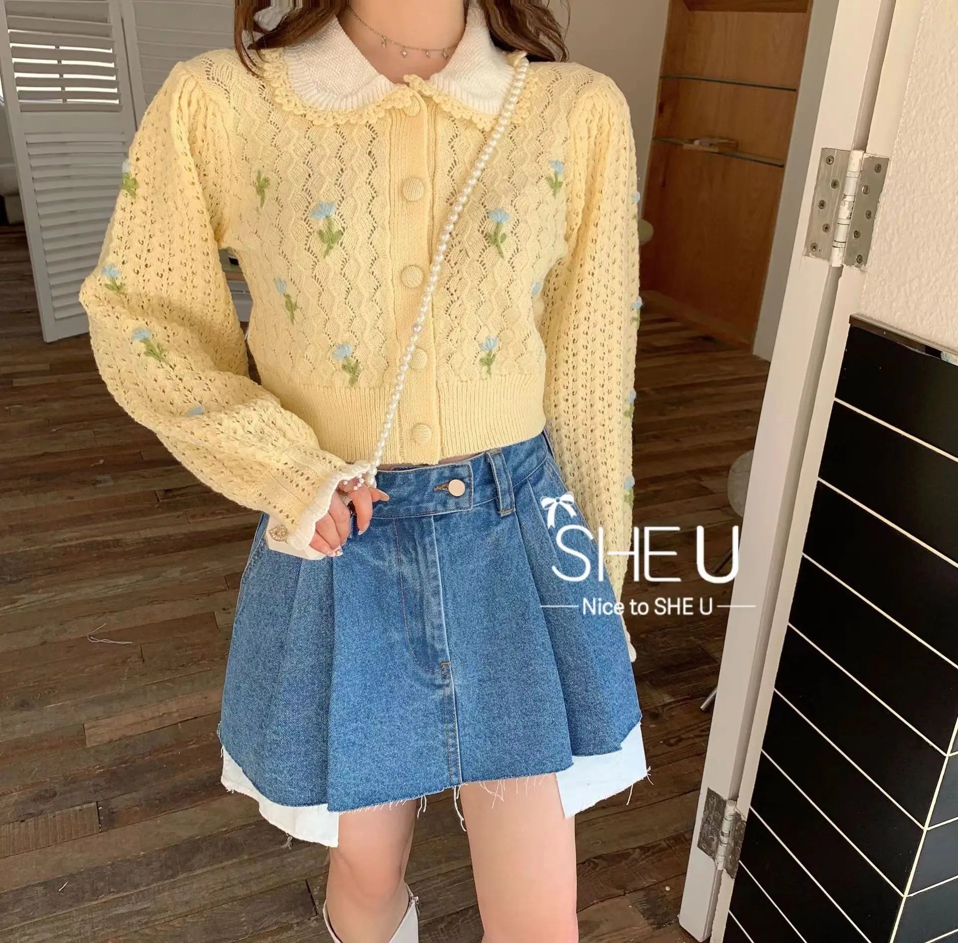Hnewly  Embroidered Floral Pointelle Knit Cardigan Women Collared Button-up Openwork Sweater Jacket Cute Teen-girl Fairycore Clothes