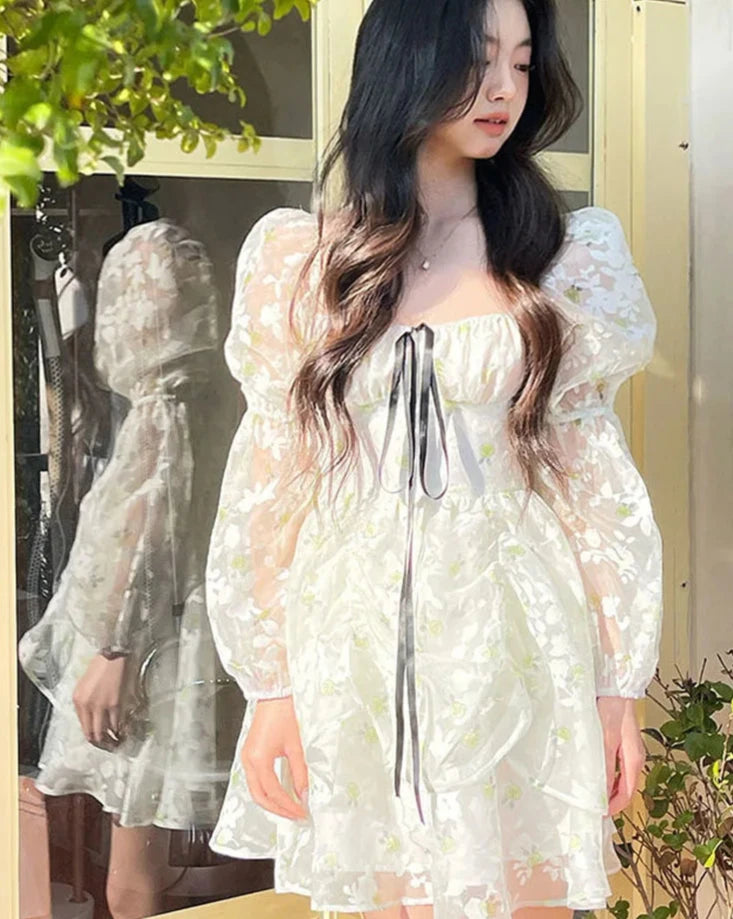 Hnewly DRESS TO IMPRESS Spring Vintage Floral Dress Women Casual Korean Party Long Sleeve Fairy Dresses Female Evening High Street Sexy Mini Dress