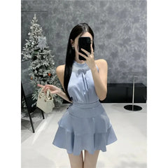 Hnewly Two Piece Set Women Y2k Crop Tank Tops Loose Solid Fashion Camis Sleeveless Blouse High Waist Skirts Elegant Suits Ladies Korean