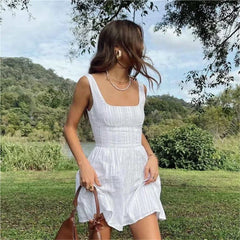Hnewly  Summer dress women white dress evening party mini dresses elegant vestidos vintage beach dresses square neck jacquard weave