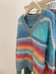 Hnewly  Rainbow Striped V-neck Sweater Women Spring  Autumn New Loose Long Sleeved Knitted Top Korean Version Soft Versatile Pullover