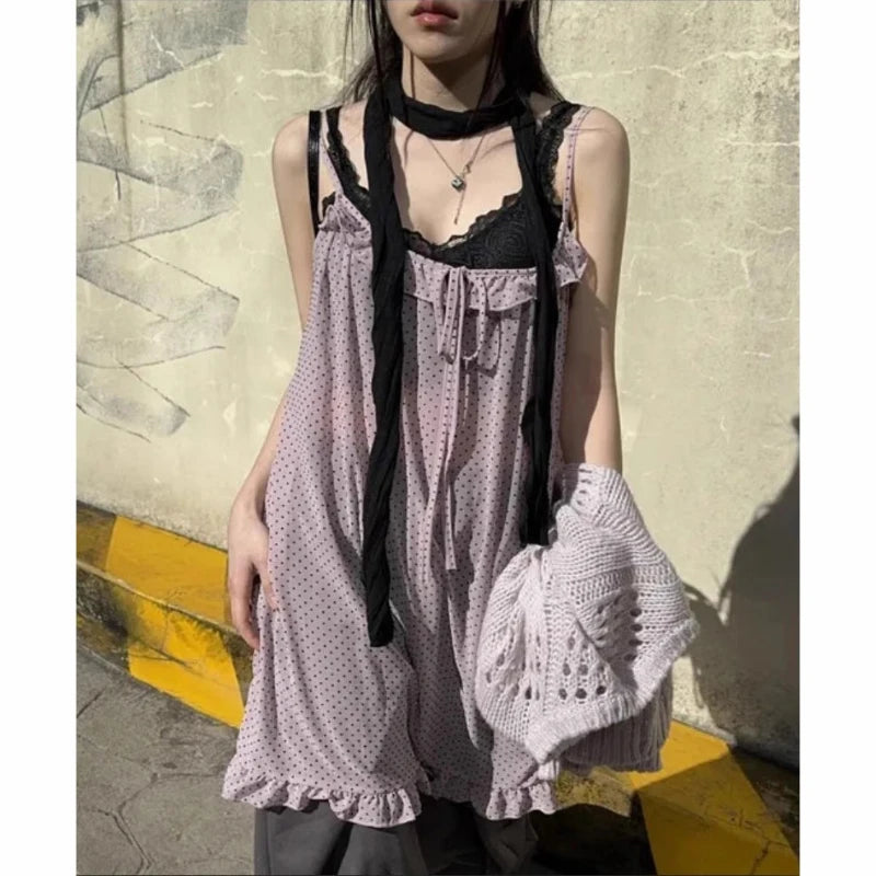 Hnewly  Harajuku Japanese Style Tank Tops Women Vintage Polka Dot Ruffle Sleeveless Mesh Dress Sexy See-through Layered Wear