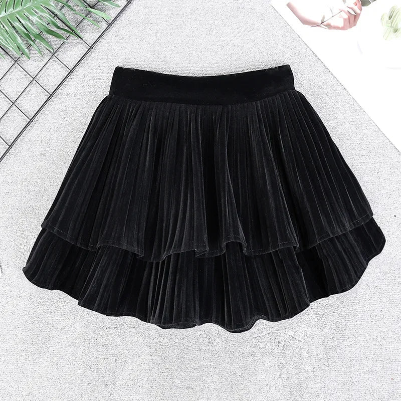 Hnewly Velvet Tiered Mini Skirt for Women Teen-girl Low-Rise Ruffled Pleated Short Skirt in Brown Black Fall Winter Balletcore Outfit