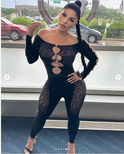 Hnewly New Sexy Jumpsuit One Shoulder Perforated Design, Thickened Dark Stripe Lace Pearl Women Jumpsuits Fashion Slim Women Tops HED2