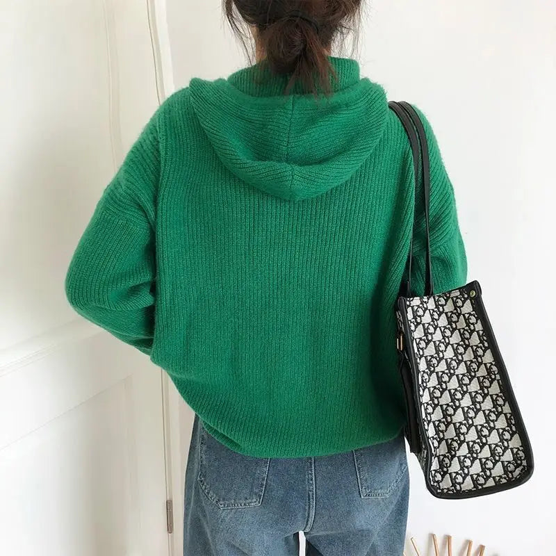 Hnewly  Hooded Sweater for Women Loose Button Front Long Sleeve Rib Knit Pullovers Hoodie Fall Winter Teen-girl Casual Chic Outfit