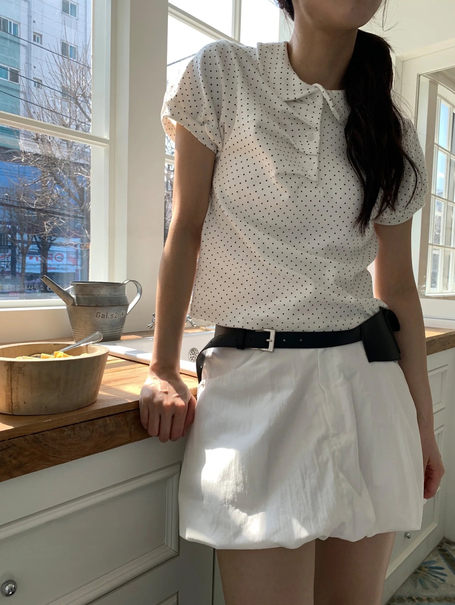 Hnewly Casual Polka Dot Pleated irt ort Sve Turn-down Collar Doll Collar Summer Faion Women's Polyester Fiber 00% Top