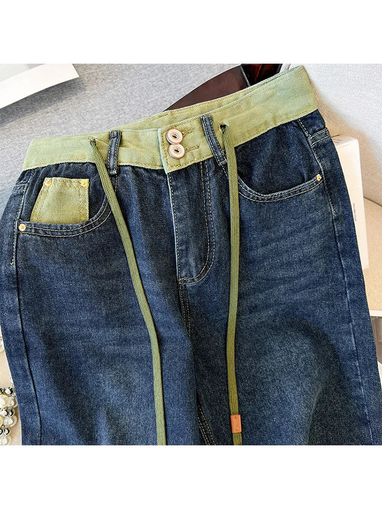 Hnewly  Large Size High Waist Jeans  Women  New Autumn Loose Drawstring Wide Leg Pant Fashion Splice Versatile Straight Leg Denim Pants