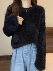 Hnewly  Women's Fuzzy Knitt Top Long Sleeve Mock Neck Fluffy Sweater Pullovers Cozy Plain Jumper Teen-girl Fall Winter Y2K Outfit