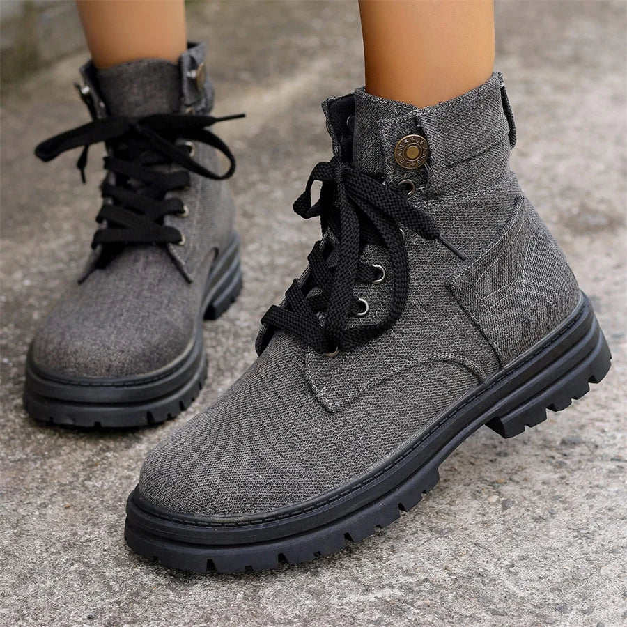 Hnewly  Autumn and Winter Fashion New Warm Solid Color Sexy Round Toe Lace-up Comfortable Square Heel Elegant Women's Short Boots