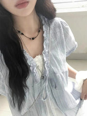 Hnewly  Summer Light Blue Striped Shirts Women Fungus V-neck Lace Up Puff Sleeve Blouses New Loose Casual All-match Tops Mujer