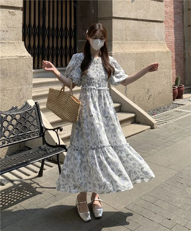 Hnewly  Woman Dress Sweet Floral Printed Puff Short Sleeve Vintage French Style Summer Fashion Casual Female Elegant Dresses