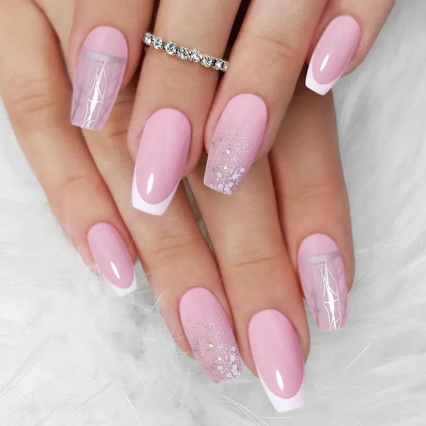 Hnewly 24Pcs Gradient Pink Fake Nails with Glue Mid-length Ballet False Nails  Sequins Design Press on Nails Wearable Press on Nails
