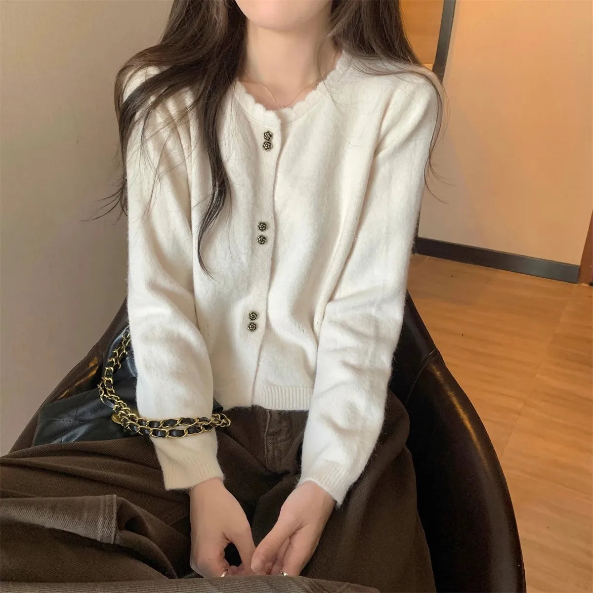 Hnewly  Sweet Short Hollowed Out Sweater Chic Buttons Long Sleeved Knitted  Cardigan Jacket Korean series Round Neck Loose Top