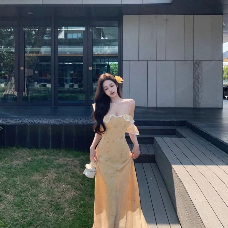 Hnewly  Woman Dress Lace Patchwork Ruffles Off Shoulder Summer Fashion French Style Chic Elegant Party Dresses Female Casual