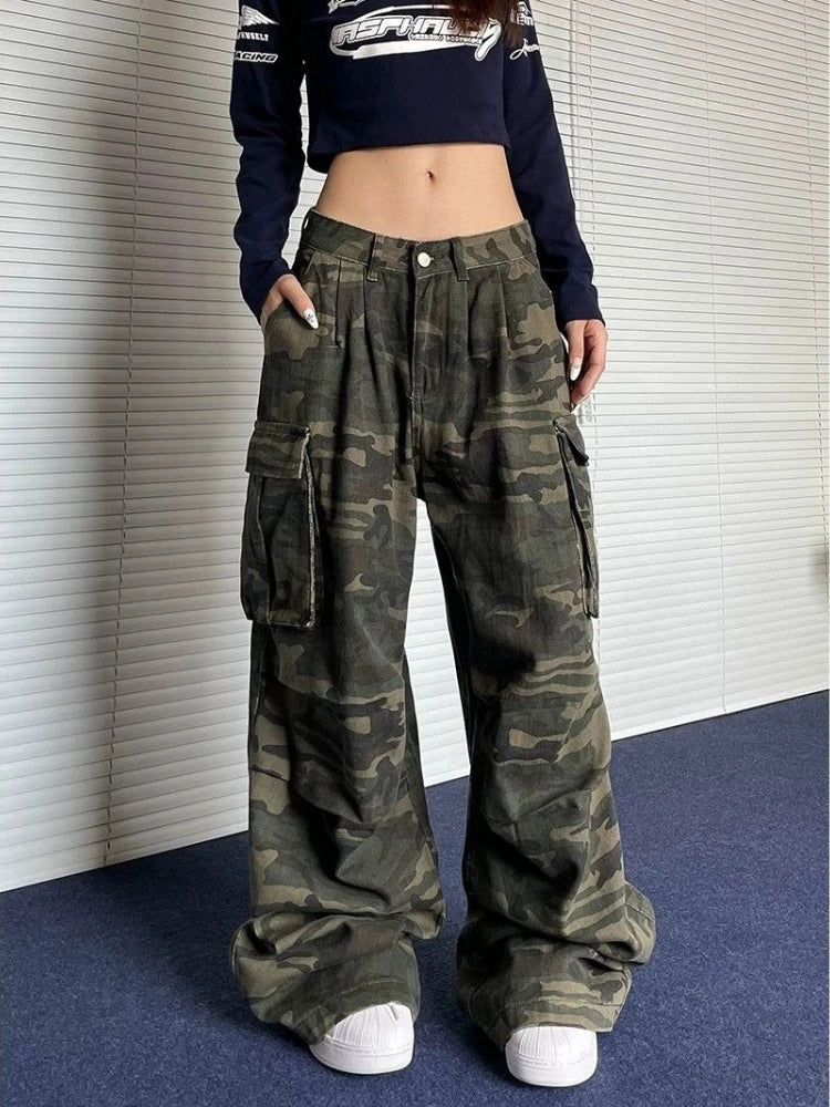 Hnewly  Vintage American Retro Camo Cargo Pants Men Women Loose Fit Wrinkle Pocket Streetwear Hip Hop Wide Leg Denim Trousers