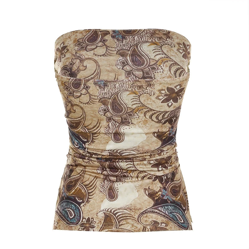 Hnewly Vintage Floral Print Tube Top with Slit Elegant Retro Skinny Crop Tops for Summer Holiday Women Casual Harajuku Mini Vest