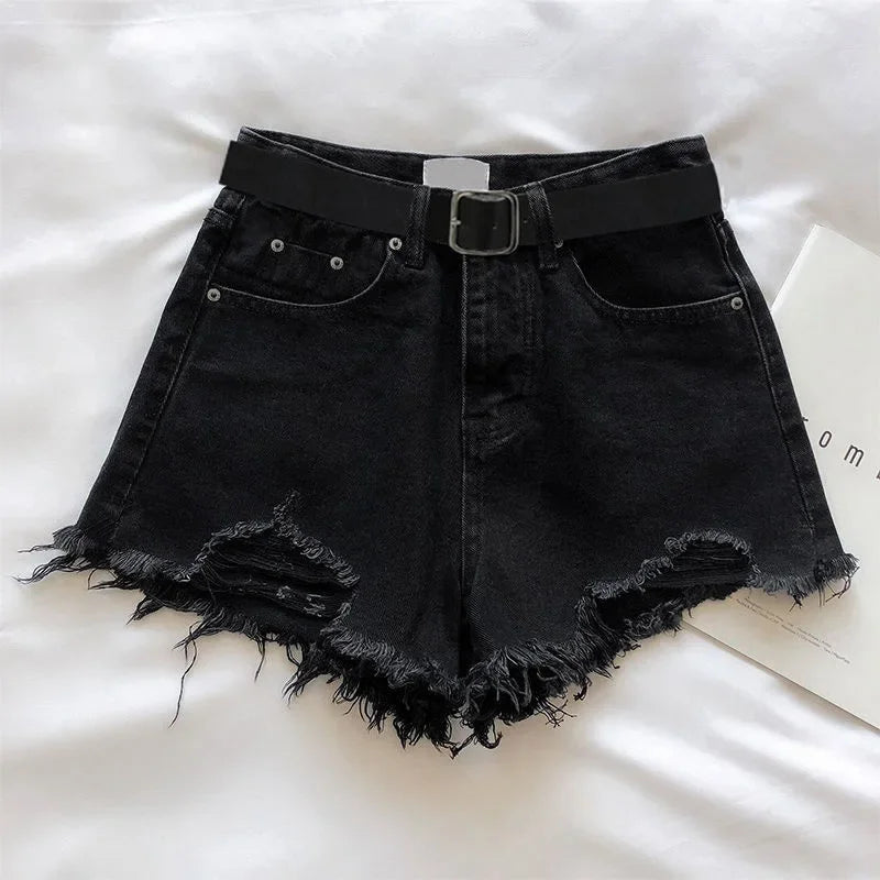 Hnewly summer inspo Women High Street Denim Shorts With Belt Casual High Waist A-line Jean Shorts Female Office Trousers Streetwear Summer